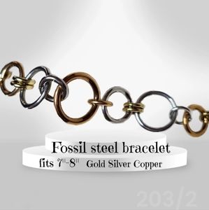 Fossil Brand Steel Bracelet Tri Multi Color Circle Hoops Chain Silver Gold Coppe